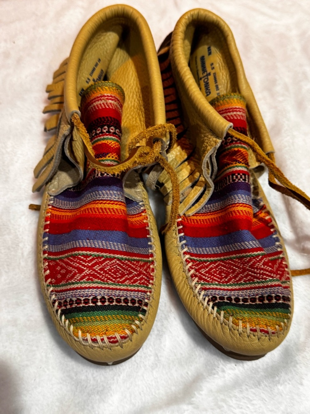 Minnetonka Tan Leather Moccasins with Multicolor Woven Pattern